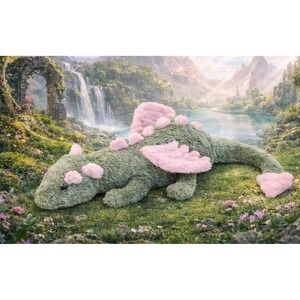 Soft Green Dragon Plush Stuffed Animal Pink Wings 20" Long Unbranded